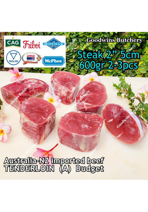 Beef Tenderloin frozen Australia (A) BUDGET steak cuts 2" 5cm price for 2pcs 600gr (eye fillet mignon daging sapi has dalam) brand NOLAN / McPHEE / CAG